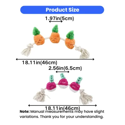 Carrot Rope Knot Dog Toy Size Guide Size chart of carrot and radish rope knot dog toys with inch and cm measurements