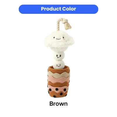 Brown plush milk tea cup dog toy with removable cloud topper and squeaker