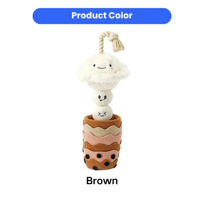 Brown plush milk tea cup dog toy with removable cloud topper and squeaker