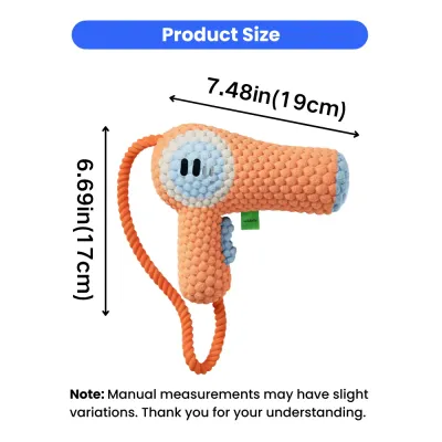 Plush Hair Dryer Dog Toy Size Details 19cm x 17cm Size chart of plush hair dryer dog toy measuring 7.48in by 6.69in