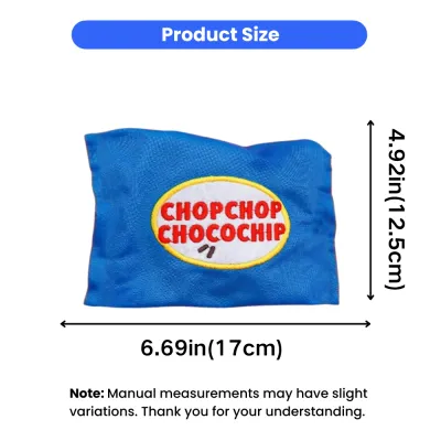 Plush Cookie Snuffle Dog Toy Size Details Size chart of plush cookie snuffle dog toy with snack bag design for dogs