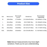 Size chart for breathable UPF50+ dog cooling shirt showing neck, chest, back length, and recommended weight measurements for medium to large dogs