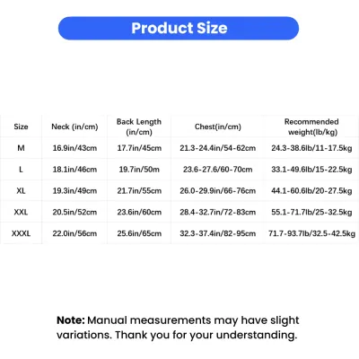 Dog Cooling Shirt Size Chart for Medium to Large Dogs Size chart for breathable UPF50+ dog cooling shirt showing neck, chest, back length, and recommended weight measurements for medium to large dogs
