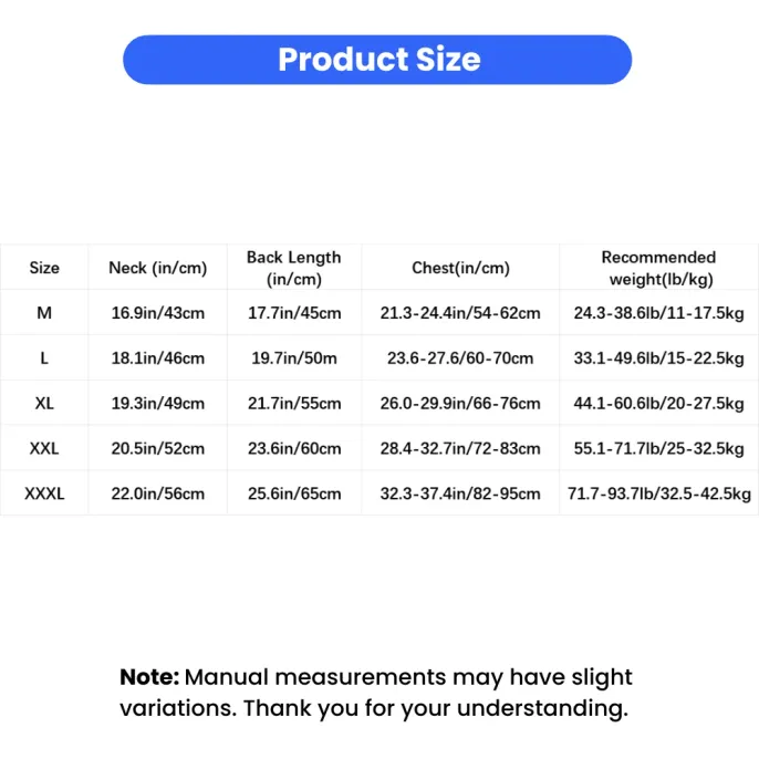 Size chart for breathable UPF50+ dog cooling shirt showing neck, chest, back length, and recommended weight measurements for medium to large dogs