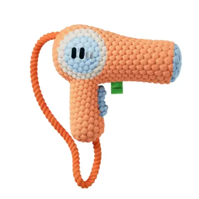 Orange Plush Squeaky Hair Dryer Dog Toy Wholesale Orange plush squeaky dog toy in hair dryer design with durable rope handle