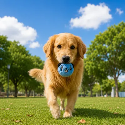 Golden Retriever Playing with Plush Panda Dog Toy Golden retriever carrying blue plush panda bounce ball dog toy outdoors in sunny park