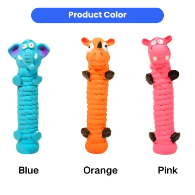 Blue orange and pink latex squeaky dog toys with textured chew surface