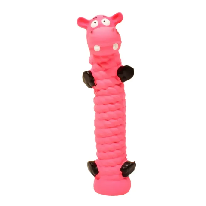 Pink hippo shaped latex squeaky dog toy for interactive chewing play