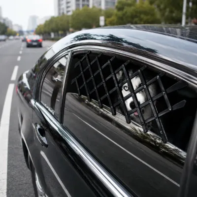 Pet Car Window Barrier for Safe Dog Travel Dog looking through car window protected by expandable pet safety barrier during travel