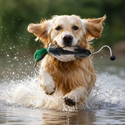 Golden Retriever Playing with Floating Duck Dog Toy Golden retriever carrying EVA floating duck dog toy during water retrieval training outdoors