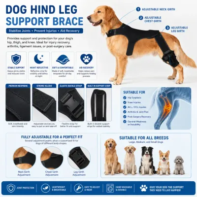 Infographic showing dog hind leg support brace features including adjustable straps, neoprene fabric, and joint support