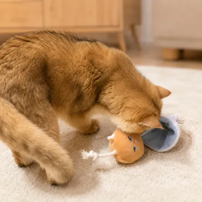 Cat Playing with Plush Cone Treat Toy Indoors Cat playing with plush cone toy for sniffing and treat hunting games
