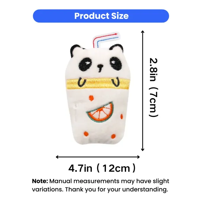 Size chart of plush catnip stuffed animal toy measuring 4.7in x 2.8in for cats