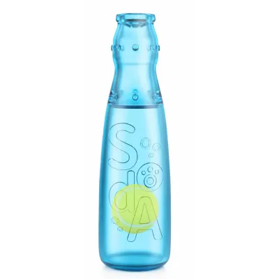Blue transparent squeaky bottle dog toy with built-in rolling ball for dogs
