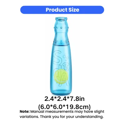 Compact squeaky bottle dog toy size chart with dimensions in inches and centimeters