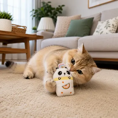Cat Playing With Plush Catnip Toy Indoors Indoor cat playing with panda plush catnip toy on living room carpet