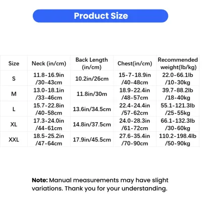 Size chart for adjustable dog hind leg support brace with neck, chest, back length, and weight measurements
