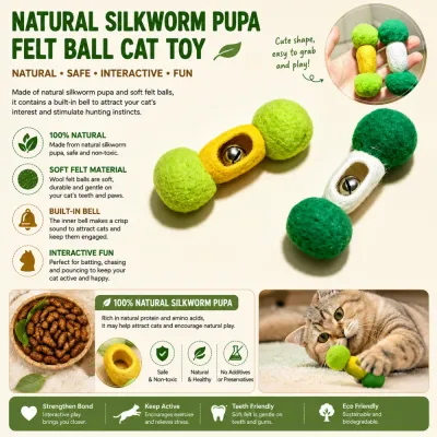 Interactive natural silkworm pupa cat toy with felt balls, built-in bell, and eco-friendly materials