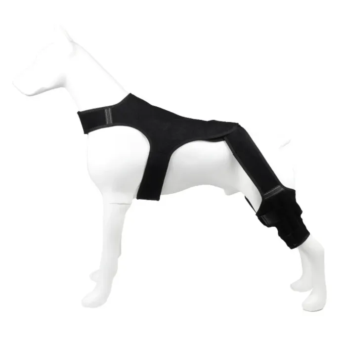 Dog Hind Leg Support Brace for Injury Recovery and Joint Protection Black dog hind leg support brace with adjustable straps for hip, thigh, and knee stabilization on white mannequin dog model