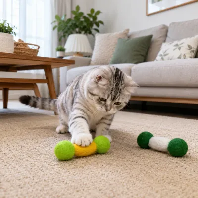 Indoor cat playing with natural silkworm pupa felt ball toy on living room carpet