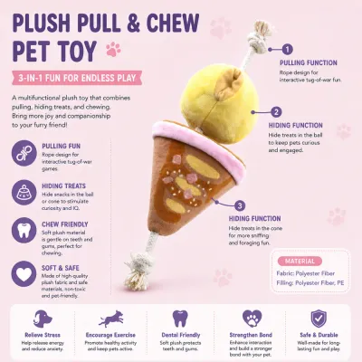 Plush Pull & Chew Interactive Cat Toy Features Interactive plush pull and chew cat toy with treat hiding and rope tug design