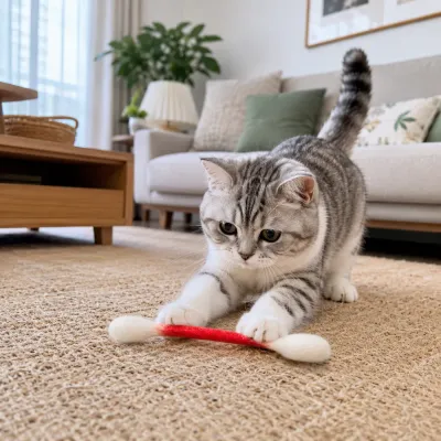 Cat Playing with Giant Cotton Swab Toy Indoors Indoor cat playing with giant cotton swab toy on carpet in living room