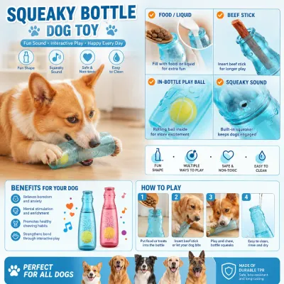 Dog chewing transparent squeaky bottle toy with treat filling and rolling ball interactive features