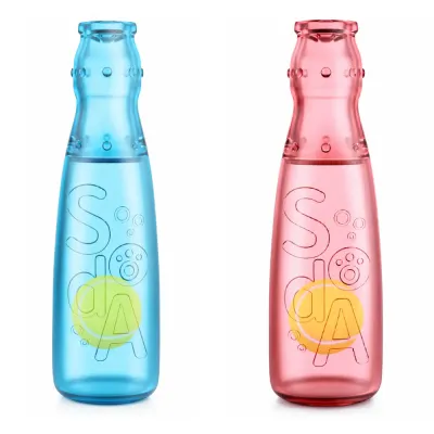 Blue and pink transparent squeaky bottle dog toys with rolling ball design for interactive chewing play