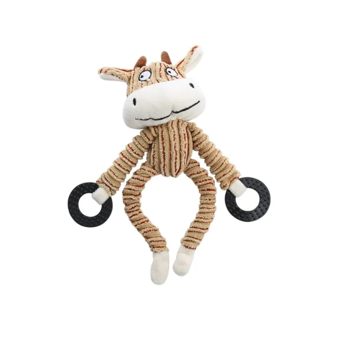 Cow Plush Corduroy Dog Chew Toy Cow shaped corduroy dog squeaky toy with soft plush texture and teething rings