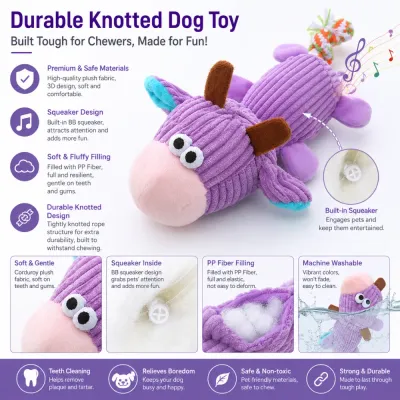 Purple cow plush dog toy with squeaker, corduroy fabric, and PP fiber filling