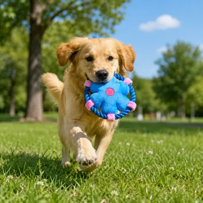 Golden retriever carrying blue plush rope flying disc dog toy outdoors on grass