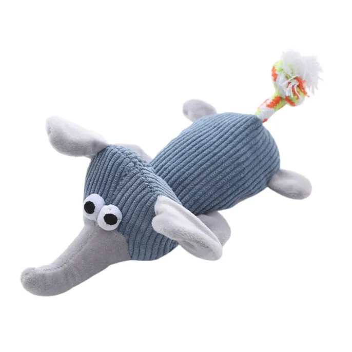 Gray elephant plush dog toy with corduroy body and rope tail for dogs