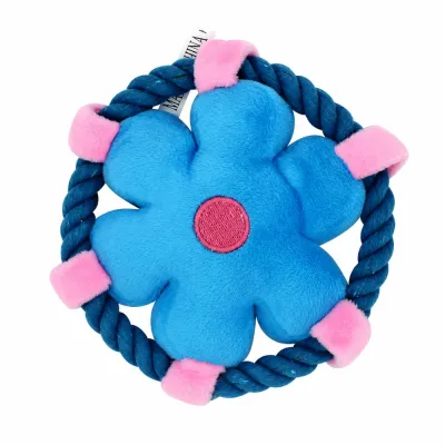 Blue flower plush dog chew toy with durable rope ring for teething, chewing, and interactive play