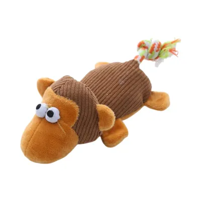 Brown monkey corduroy plush dog toy with squeaker and rope tail for dogs