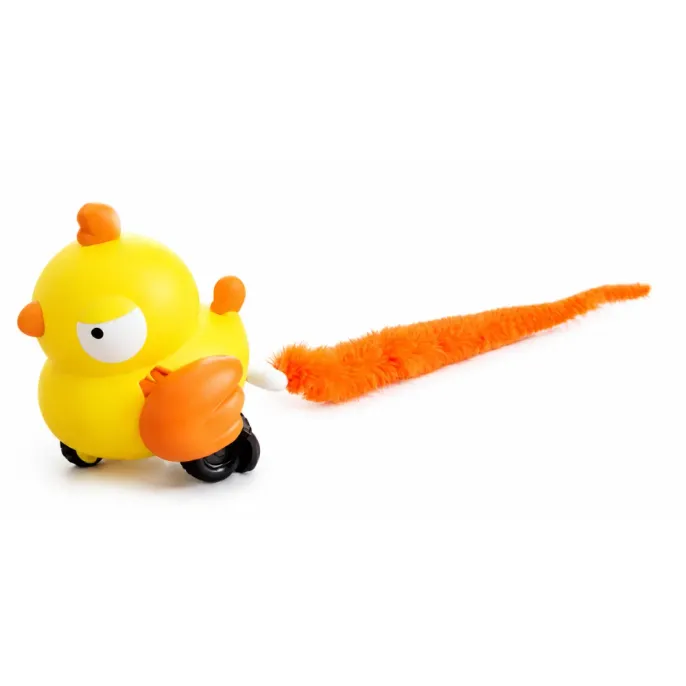 Orange duck-shaped pull-back cat toy with fluffy orange tail for indoor cats