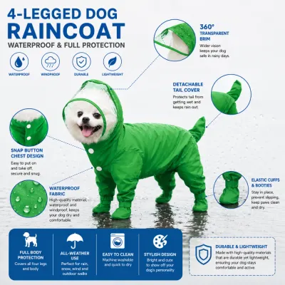 Small dog wearing waterproof full body raincoat with transparent hood waterproof fabric and booties