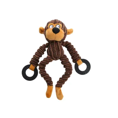 Brown monkey corduroy dog squeaky toy with textured plush body and black chew rings