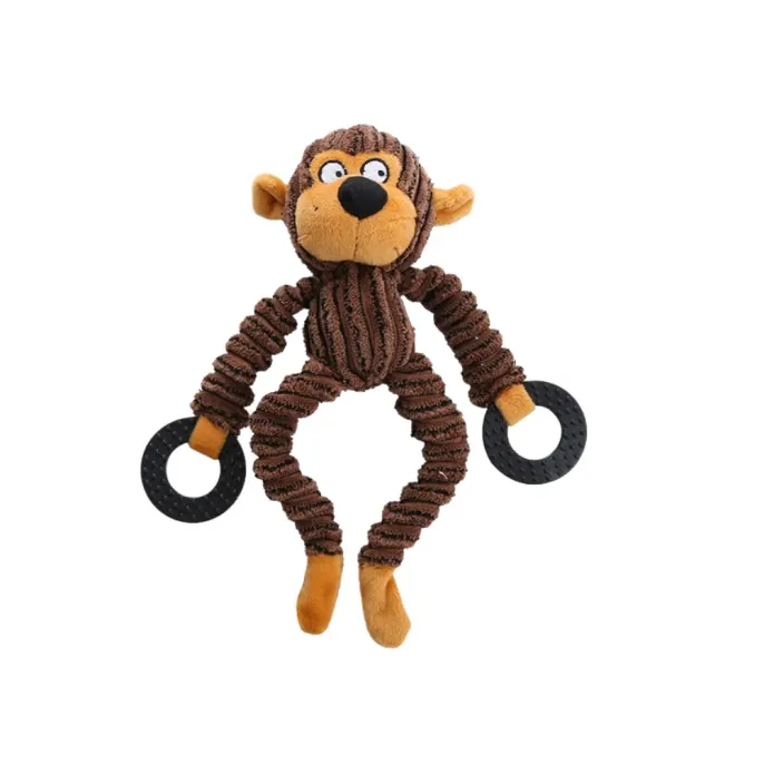 Monkey Corduroy Dog Squeaky Toy with Chew Ring Brown monkey corduroy dog squeaky toy with textured plush body and black chew rings