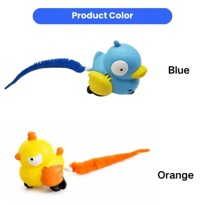 Color Options of Pull-Back Fluffy Tail Cat Toys Blue and orange fluffy tail pull-back cat toys with duck cartoon design and rolling wheels