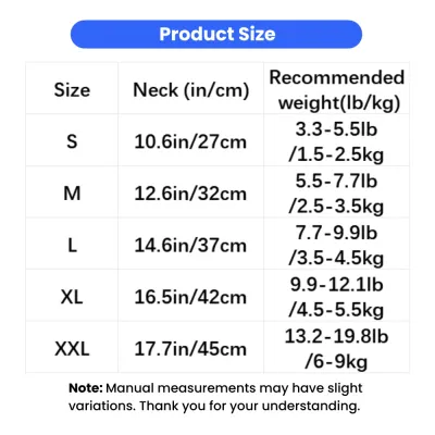 Size chart for waterproof 4-legged dog raincoat with neck measurements and recommended dog weight