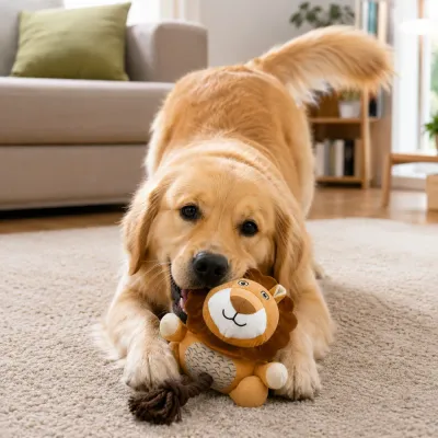 Golden Retriever Playing with Lion Plush Dog Toy Indoors Golden retriever chewing lion plush squeaky dog toy in a living room