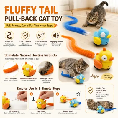 Interactive Fluffy Tail Pull-Back Cat Toy for Hunting Instinct Training Cat playing with fluffy tail pull-back toy featuring realistic moving tail and pull-back action