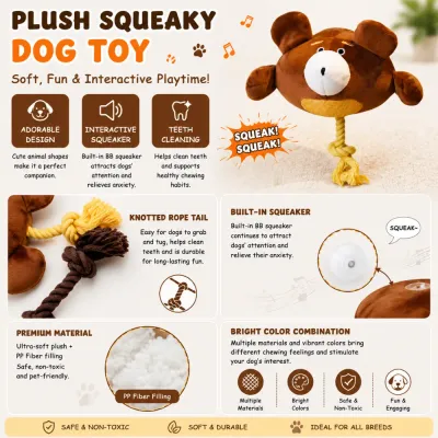 Bear Plush Squeaky Dog Toy with Rope Tail and PP Fiber Brown bear plush squeaky dog toy with durable rope tail and PP fiber filling