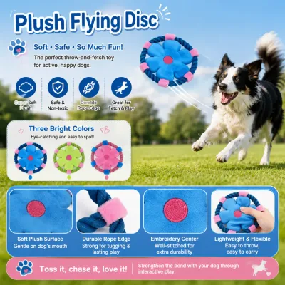 Plush flying disc rope dog toy with soft plush surface and durable rope edge for fetch and tug play 