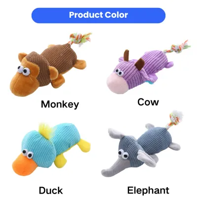Corduroy plush dog toys in monkey, cow, duck, and elephant animal designs