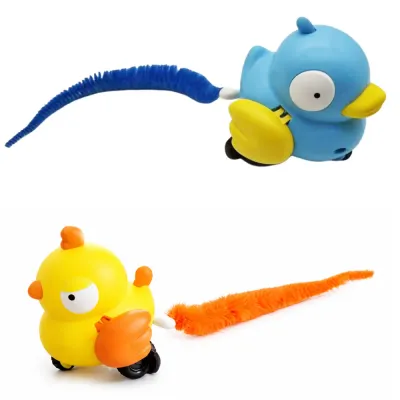 Fluffy Tail Pull-Back Cat Toy Set with Moving Mouse Tail Interactive pull-back cat toy set with fluffy moving tails in blue and yellow duck designs for indoor cat play