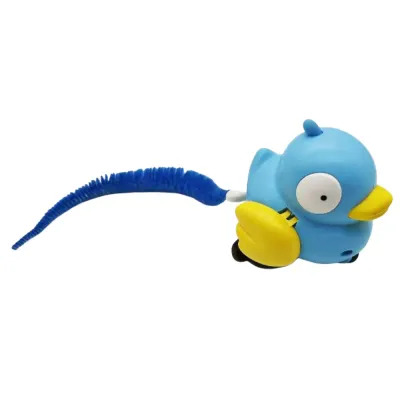 Blue Duck Fluffy Tail Pull-Back Cat Toy Product Image Blue duck-shaped pull-back cat toy with fluffy blue tail and rolling wheels isolated on white background
