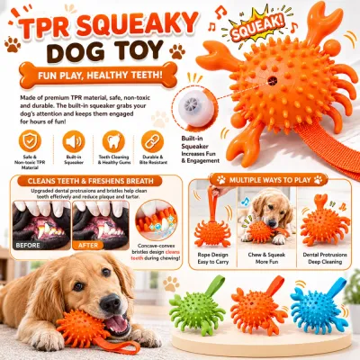 Interactive TPR Squeaky Dog Chew Toy for Teeth Cleaning Interactive TPR squeaky crab dog toy with dental cleaning texture and chew-resistant material for dogs