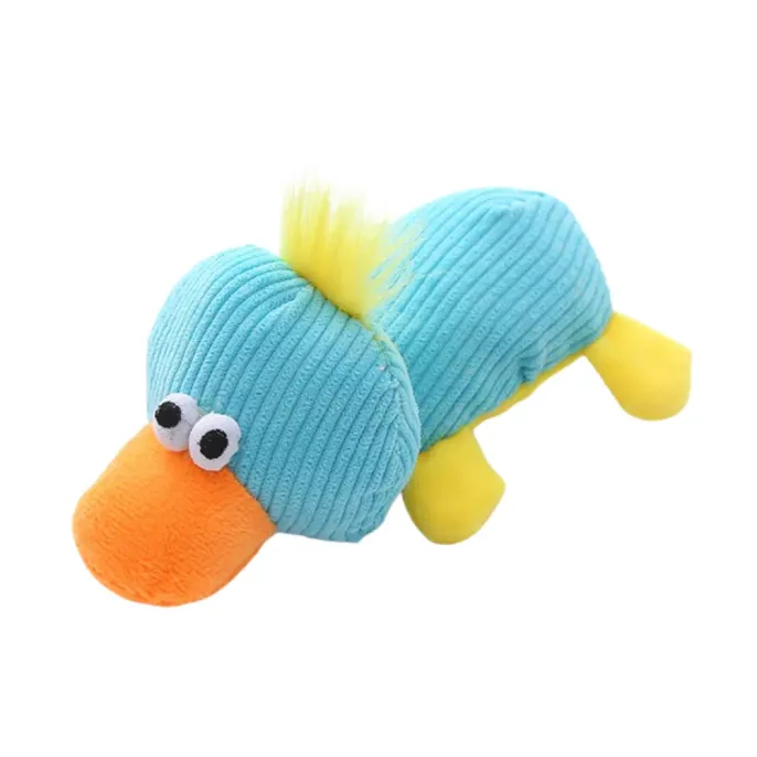 Blue duck-shaped plush dog toy with soft corduroy texture for dogs