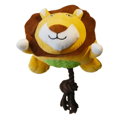 Lion Plush Squeaky Dog Toy with Rope Tail for Chewing Plush lion squeaky dog toy with knotted rope tail for interactive chewing and tug play
